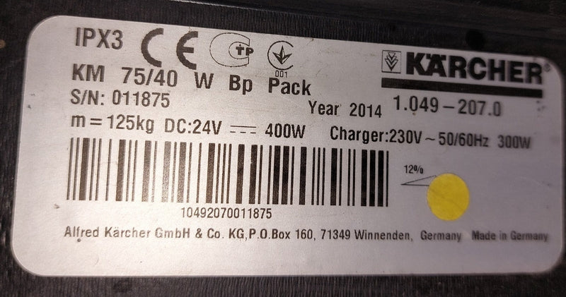 Kärcher KM 75/40 W Bp Pack Handgeführte Kehrsaugmaschine 40 L 3375 m²/h (Batterie) 1.049-207.0 *Gebraucht