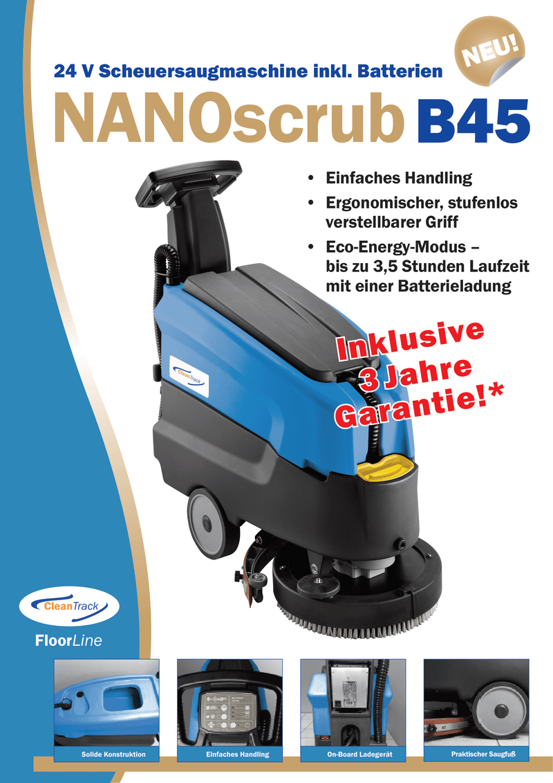 Handgeführte Scheuersaugmaschine NANOscrub B45 von CleanTrack mit Batterie